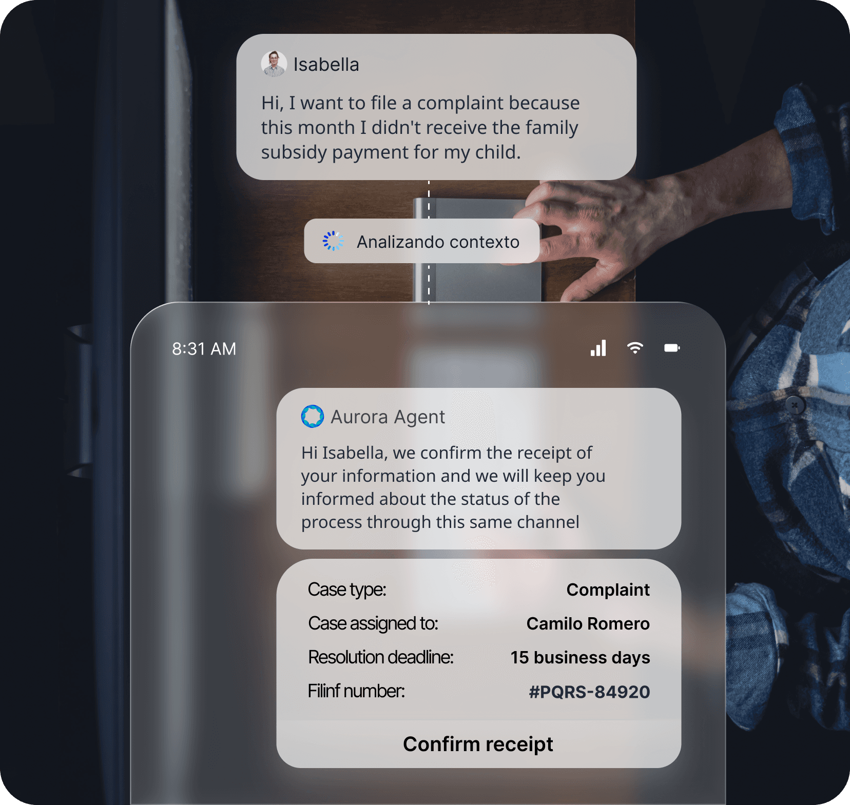 An Aurora agent files a claim and returns the case number and resolution deadline