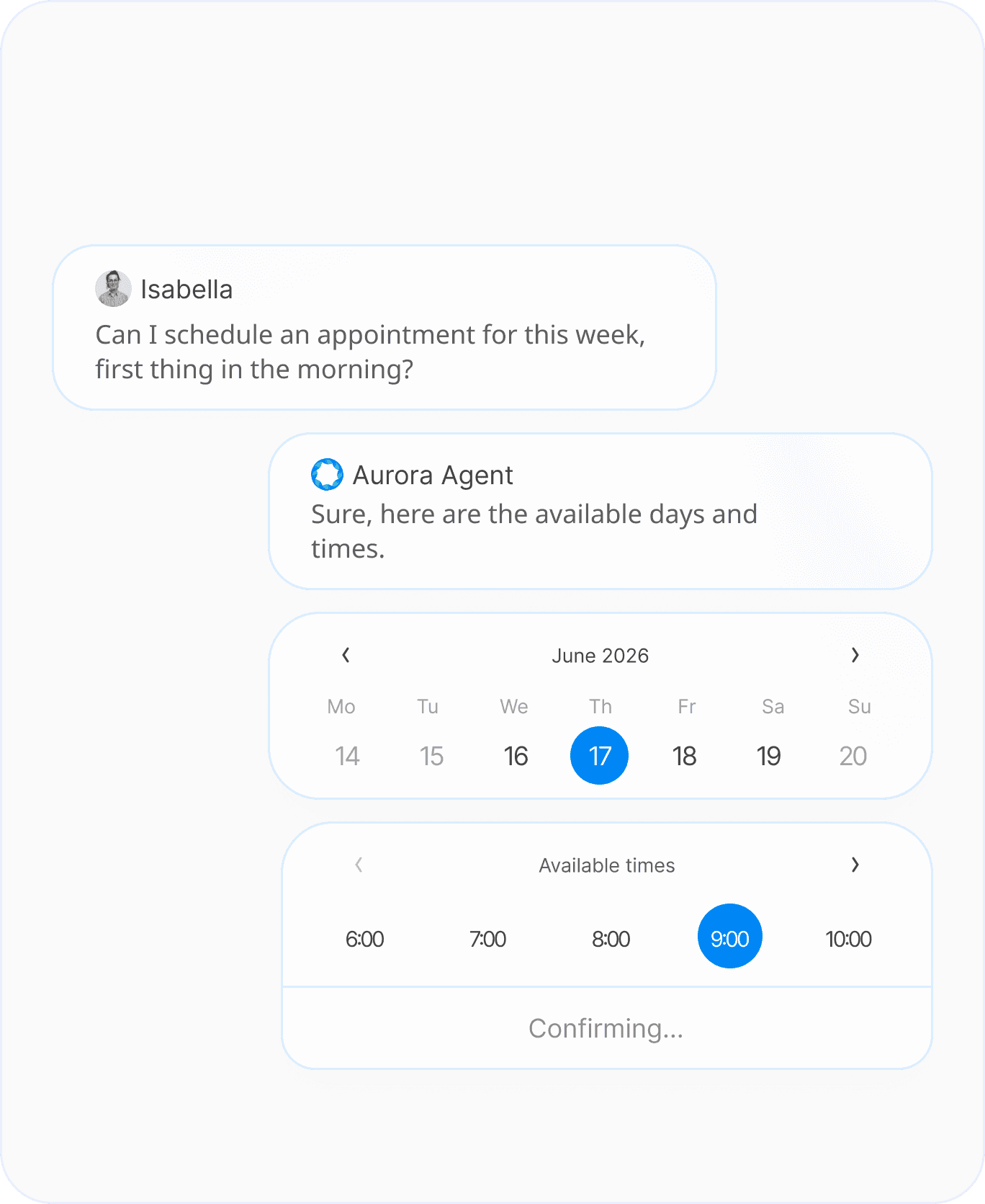 An Aurora agent offers available days and time slots and confirms an appointment