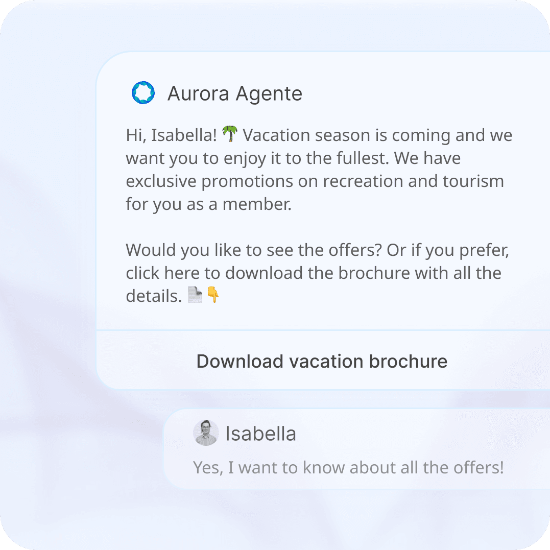 An Aurora agent sends a vacation promotion with a downloadable brochure and the customer replies with interest