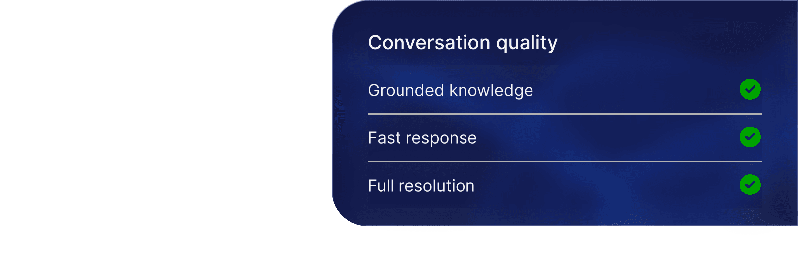 Conversation quality panel with grounded knowledge, fast response and full resolution all checked